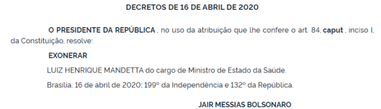 Decreto de exoneração de Mandetta no Diário Oficial da União, edição extra de 16/04/2020