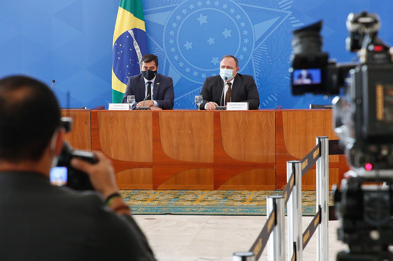 Coletiva de Eduardo Pazuello com o governador do Amazonas, Wilson Lima, em Brasília, em 18/01/2021 — dia em que o ministério admitiu ao STF ter sido avisado em 8 de janeiro.