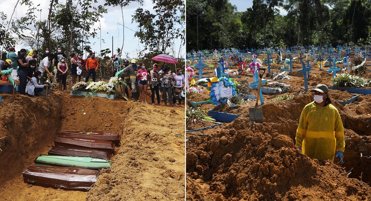 Composição com cemitérios de Manaus em diferentes picos de mortes por Covid-19, usada pelo G1 no marco de 200 mil mortes.