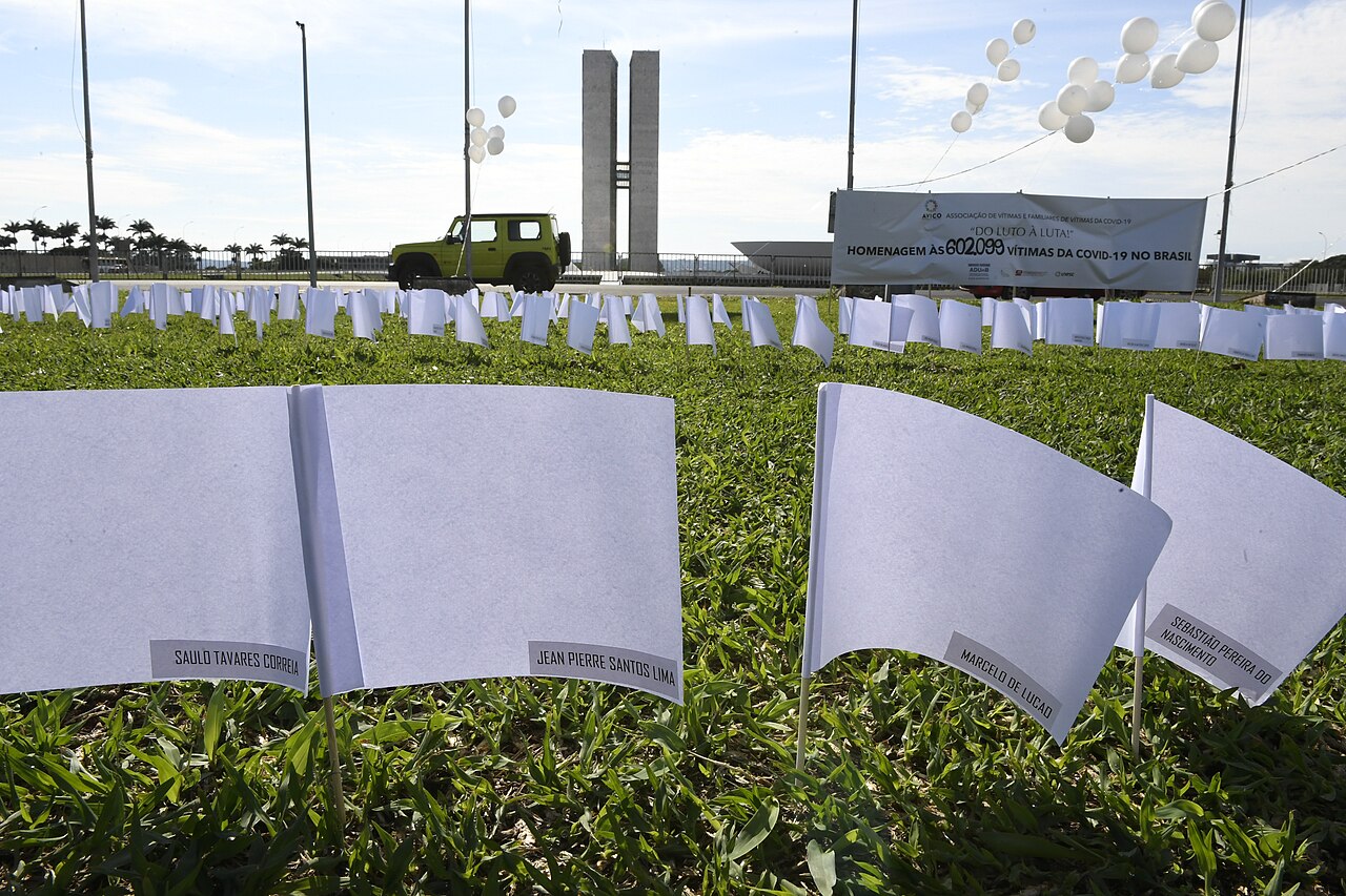 Ato da Associação de Vítimas e Familiares de Vítimas da Covid-19 (Avico Brasil): 600 bandeiras brancas com nomes de vítimas fincadas diante do Congresso Nacional, em 15/10/2021.